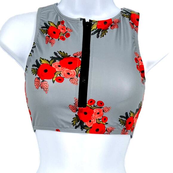 Tankini Top Classic Zipper in Silver and Rose Red Print Size X-Small - Picture 4 of 8